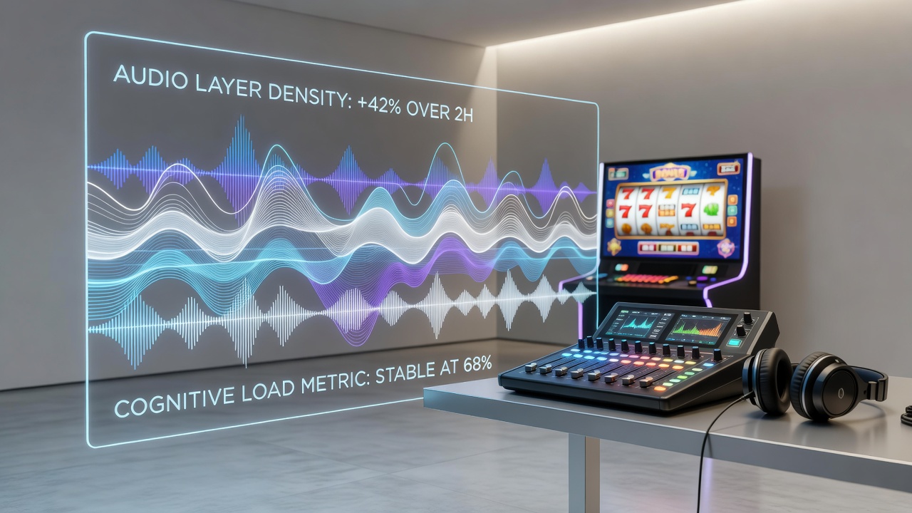 Visualization of layered audio tracks in reel-based gaming systems showing background music, sound effects, and adaptive layers