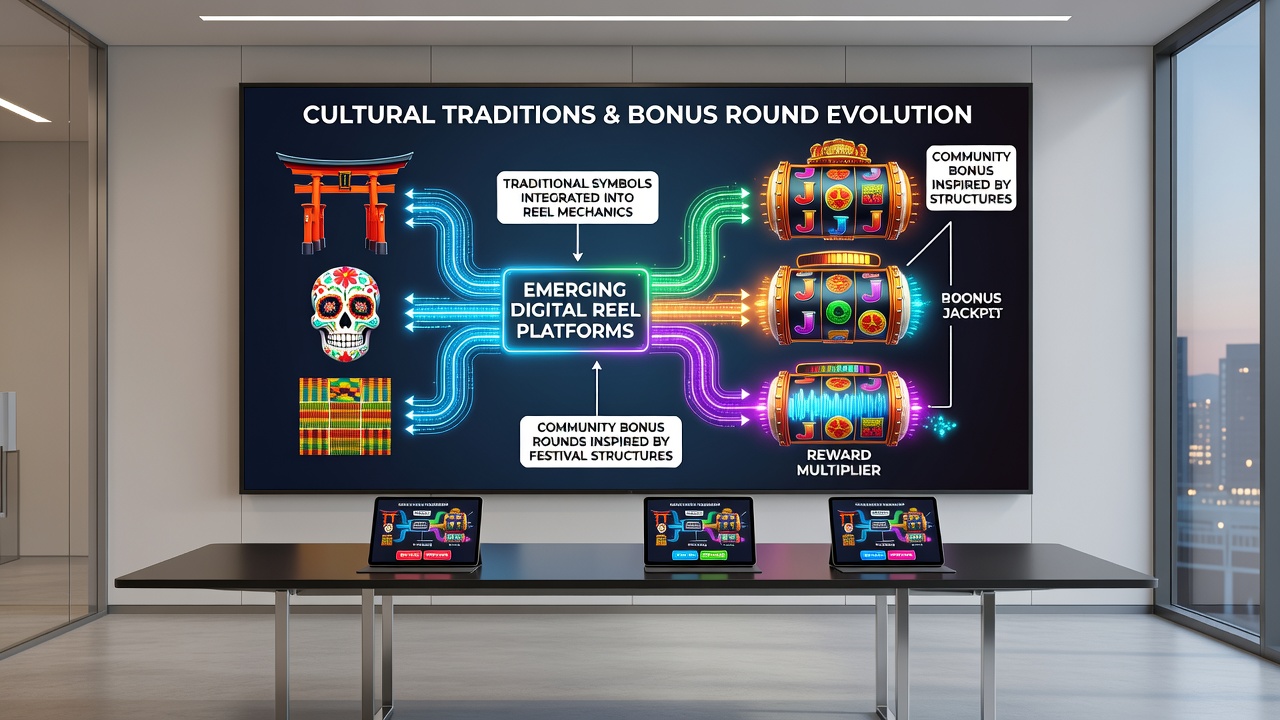 Bonus round screen displaying symbolic elements from global festivals