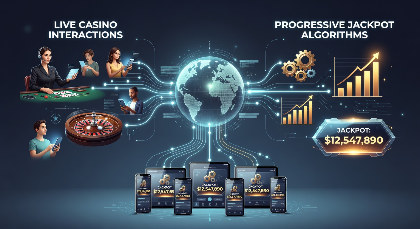 Illustration of mobile casino interface showing live dealer interactions alongside progressive jackpot displays