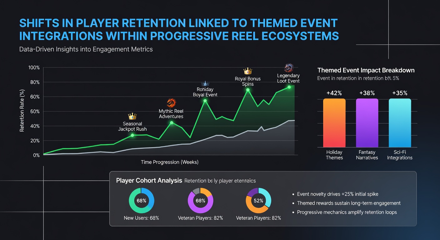 Analytics dashboard showing retention curves before and after themed event launches in progressive slot environments