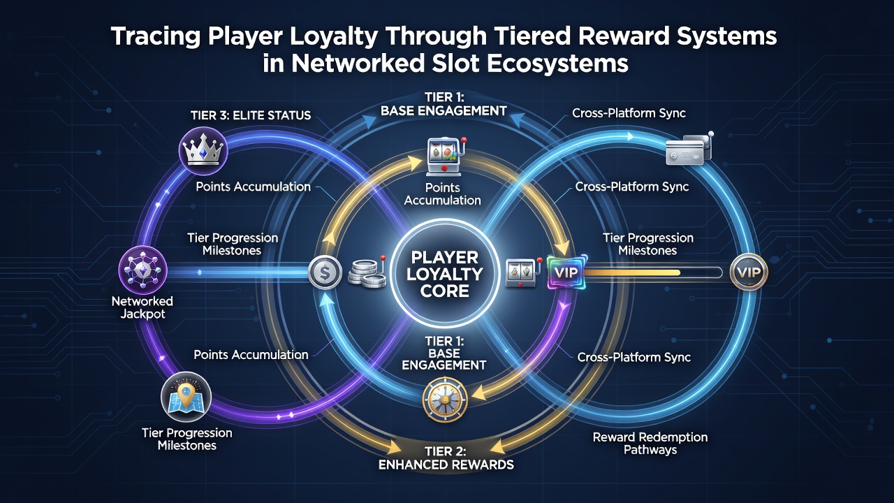 Analytics dashboard displaying loyalty tier progression and reward redemption rates across networked slot platforms